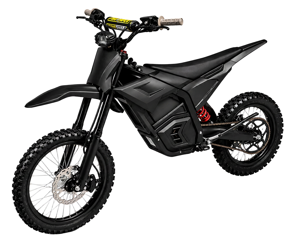 Blacked-out e-moto dirt bike built with Nexus Moto Systems performance parts